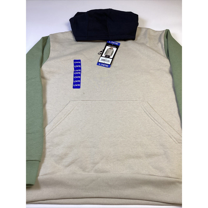 Adidas Boys Youth Pull-Over Hoodie w/Kangaroo Pocket, Tan/Green, Size: L 14/16